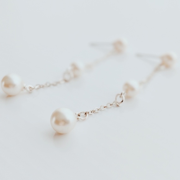 Double Faux Pearl Extra-Long Drop Earrings – Delicate Silver Chain - Picture 3 of 3